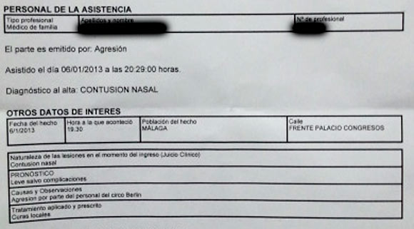 Parte de lesiones de uno de los activistas de Igualdad Animal agredidos por miembros del Circo Berlin